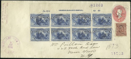 Stamp of United States 1893 1c Columbian, TOP PLATE BLOCK OF 8 with ms an
