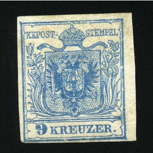 Stamp of Austria 1850 9kr Blue, MP, full gum and margins all around