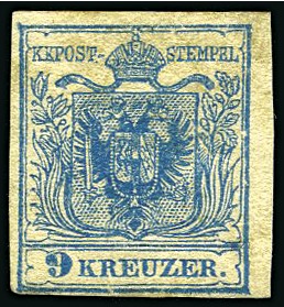 Stamp of Austria 1850 9kr Blue, MP, full gum and margins all around