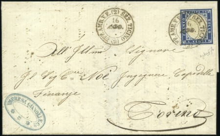 1859, 20 c. azzurro scuro, su lettera del 16 agosto per Torino, annullato con nitida impronta del d.c. "UFF. AMB. V.E. (2) SEZ. TICINO (2)",
