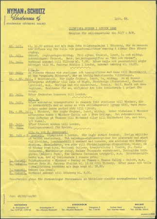 Nyman and Schulz Travel Agency, Stockholm, itinerary and list of passengers of chartered flight and visit to the Games