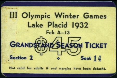 1932 Lake Placid: Grandstand season ticket, 89x59m