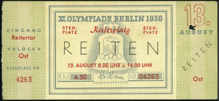 1936 Berlin. Horse Riding ticket, 130x60mm, 13th A