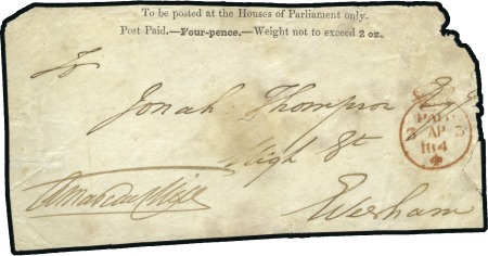 Stamp of Great Britain » Postal History » Pre-Adhesive & Stampless 1840 (Apr 3) Houses of Parliament 4d envelope/wrap