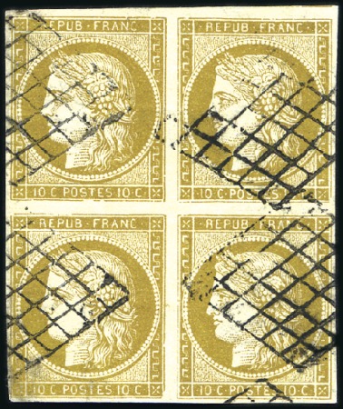 Stamp of France 1849 10c bistre verdâtre en rarissime bloc de 4, o