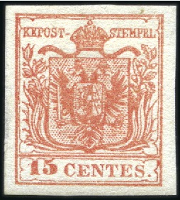 Stamp of Italian States » Lombardy Venetia 1852 15c Salmon Red, thick ("carton") machine-made