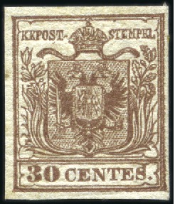 Stamp of Italian States » Lombardy Venetia 1850 30c Dark Brown, type II, variety showing defo
