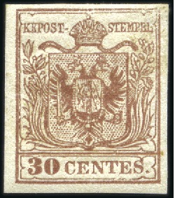 Stamp of Italian States » Lombardy Venetia 1855, 30 c. bruno, carta a macchina, II tipo, molto fresco e nuovo con piena gomma