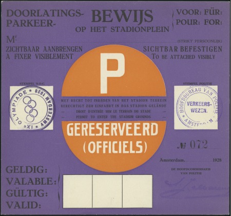 Stamp of Olympics 1928 Amsterdam: Parking Pass for Officials, large 