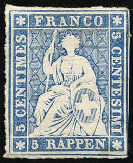 Stamp of Switzerland / Schweiz » Sitzende Helvetia Ungezähnt » Probedruck - Farbproben 5Rp Probedruck in blau, ohne Seidenfaden und ohne 