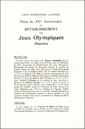 1914 20th Anniversary of the IOC: Programme sheet 