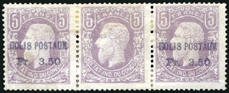 Stamp of Belgian Congo » 1887 (Aug) Parcel Post 3F50 sur 5F lilas, bande de trois, exemplaire du m