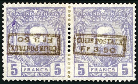 Stamp of Belgian Congo » Belgian Congo 1889 Parcel Post 3F50 sur 5F violet, surcharge dite "brulée" en pai