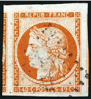 Stamp of France 1849 40c orange obl. PC, encadré par deux voisins,