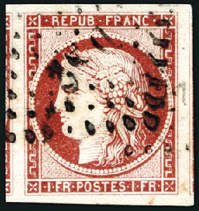 Stamp of France 1849 1F carmin obl., encadré par deux voisins, sup