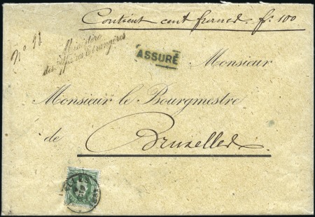 Stamp of Belgium » Belgique. 1869-83 Nouveaux types et nouvelles valeurs - Émission 10c vert sur lettre avec griffe encadré "ASSURÉ" d
