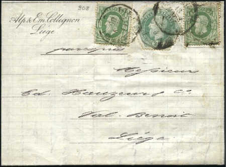Stamp of Belgium » Belgique. 1869-83 Nouveaux types et nouvelles valeurs - Émission 10c vert (x2, déf.) encadrant un 25c vert Télégrap
