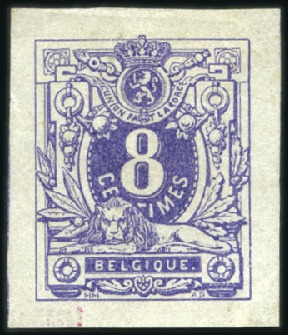 Stamp of Belgium » Belgique. 1869-83 Nouveaux types et nouvelles valeurs - La Genèse Épreuve du coin du 8c violet sur papier blanc, trè