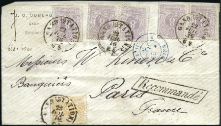 Stamp of Belgium » Belgique. 1869-83 Nouveaux types et nouvelles valeurs - Émission 8c mauve (deux paires et un isolé) + 5c ambre sur 