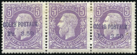 Stamp of Belgian Congo » 1887 (Aug) Parcel Post 3F50 sur 5F lilas, bande trois avec exemplaire du 