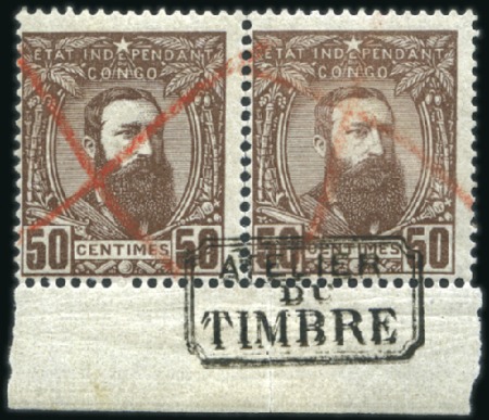 1887 Léopold II, 50c brun-rouge, en paire avec bor