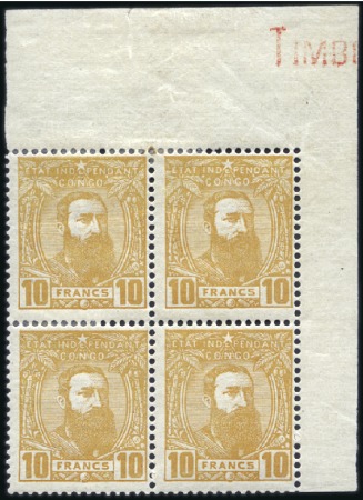 Stamp of Belgian Congo » Congo Belge 1887 Léopold II - Timbres 10F ocre-jaune en bloc de quatre, coin de feuille 
