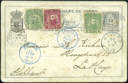 1887 Léopold II, 5c vert (2) et 10c rouge sur enti