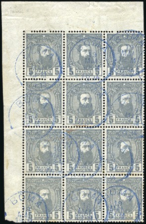 1887 Léopold II, 5F gris, bloc de douze avec coin 