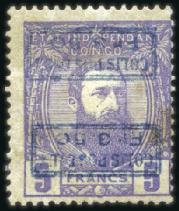 Stamp of Belgian Congo » Belgian Congo 1889 Parcel Post 3F50 sur 5F violet, DOUBLE SURCHARGE dont une renv
