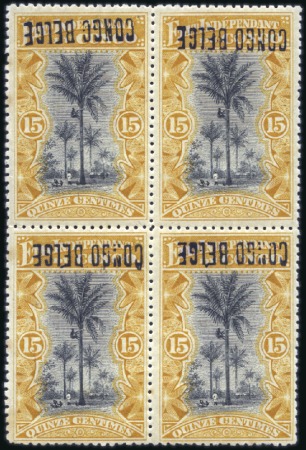 Stamp of Belgian Congo » 1909 Local Surcharge 15c ocre, en bloc de quatre, surcharge RENVERSÉE, 