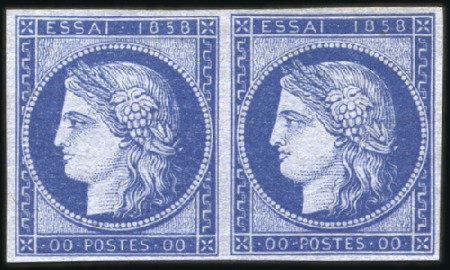 Essay in deep blue, in pair on French stamp DIMITR