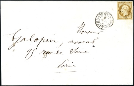 1852 10c Présidence seul sur lettre locale de Pari