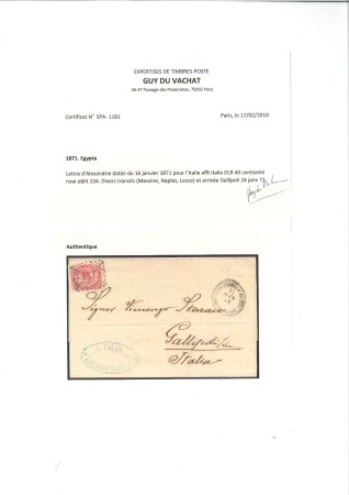 Stamp of Egypt » Italian Post Offices 1871 (Jan 17) Cover from the Italian P.O. at Alexa