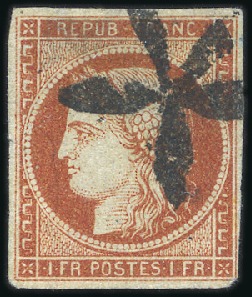 1849 1F vermillon avec rarissime oblitération rosa