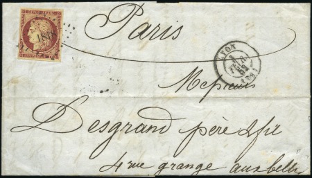 1849 1F carmin bien margé sur lettre de Lyon 03.02