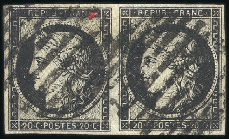 Stamp of France 1849 20c noir en paire avec très rare oblitération