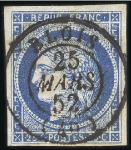 1849 25c bleu: quatre exemplaires avec belles marg