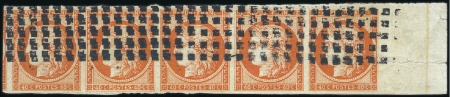 Stamp of France 1849 40c orange en bande de cinq avec bord de feui