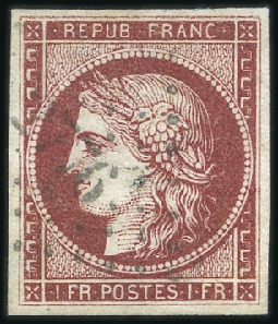 Stamp of France 1849 1F montrant rare nuance "carmin cerise" obl. 