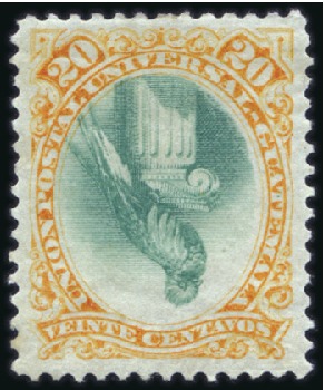 Stamp of Guatemala 1881 Quetzal 20c yellow & green, mint showing INVE