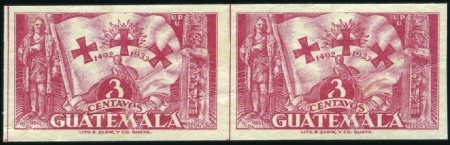 Stamp of Guatemala 1935 3c carmine rose, mint nh IMPERF pair, heavily