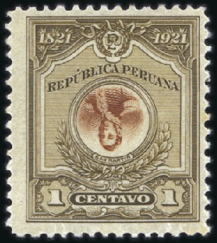Stamp of Peru 1921 1c olive brown & red-brown, mint showing CENT