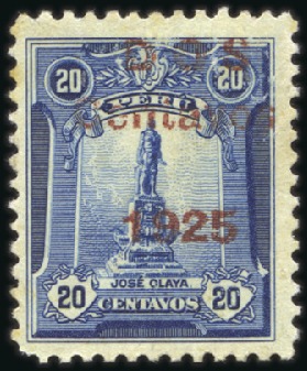 Stamp of Peru 1925 DOS CENTAVOS on 20c deep blue, mint, very fin