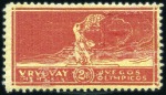 Stamp of Uruguay 1924 Olympic set of three, mint, on yellow paper,