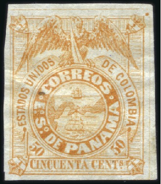 Stamp of Panama 1878 50c yellow-ochre, unused on thin paper, irone