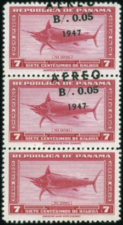 Stamp of Panama 1947 Airmail 5c on 7c carmine, mint vertical strip