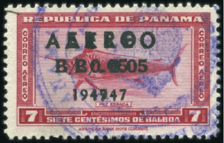 Stamp of Panama 1947 Airmail 5c on 7c carmine, used showing DOUBLE