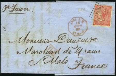 1867 Cover to France dated Guernsey, franked 4d or