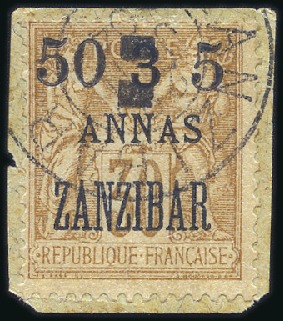 Stamp of Colonies françaises » Zanzibar (Poste française) 1904 50 et 5 sur 3a sur 30c obl. Zanzibar 22 jul 0
