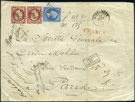 Stamp of France 1853-60 Empire ND 20c bord de feuille +80c en pair